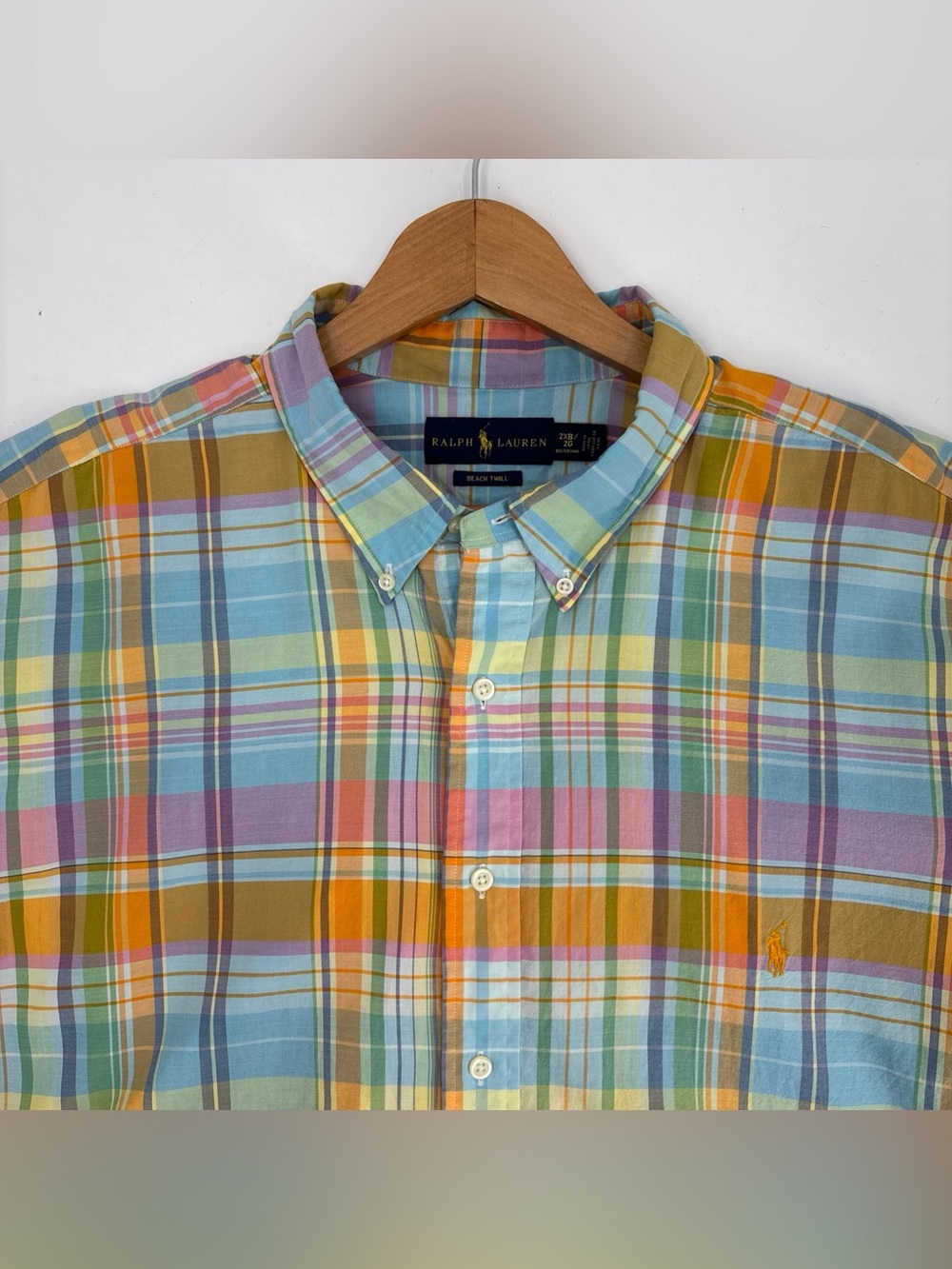 Ralph Lauren Mens 2XB 2G Beach Twill Button Down Shirt Plaid Pastel Pony Preppy